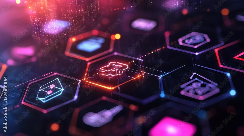 Abstract innovation concept, floating fintech devices surrounded by glowing icons of blockchain, microcredits, and digital payments Abstract innovation concept, floating fintech devices surrounded by glowing icons of blockchain, microcredits, and digital payments