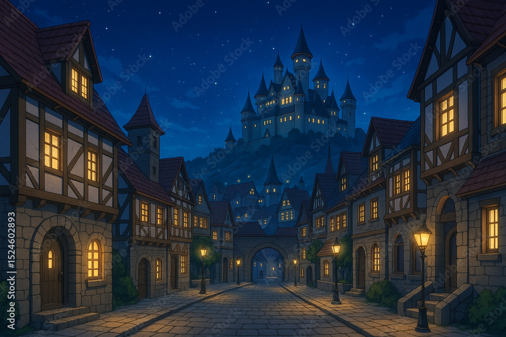 Naklejka premium 中世ヨーロッパ風の夜の町