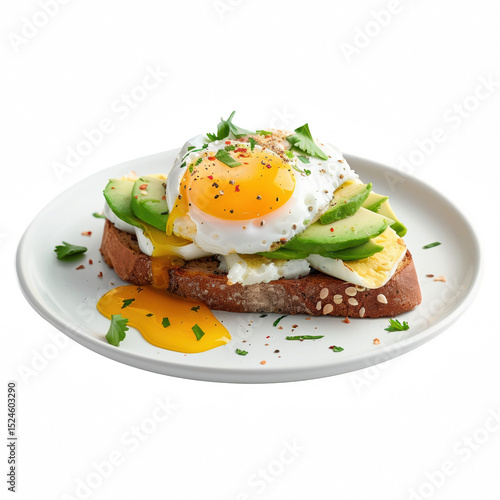 Delicious avocado toast topped with a sunny-side-up egg, fresh herbs, and spices for a healthy breakfast option.