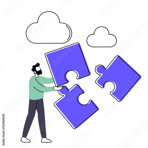 Man connecting large puzzle pieces with cloud shapes in the background on a white background scene
