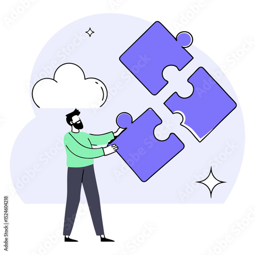 Man connecting puzzle pieces with a cloud and stars in the background on a light purple backdrop design