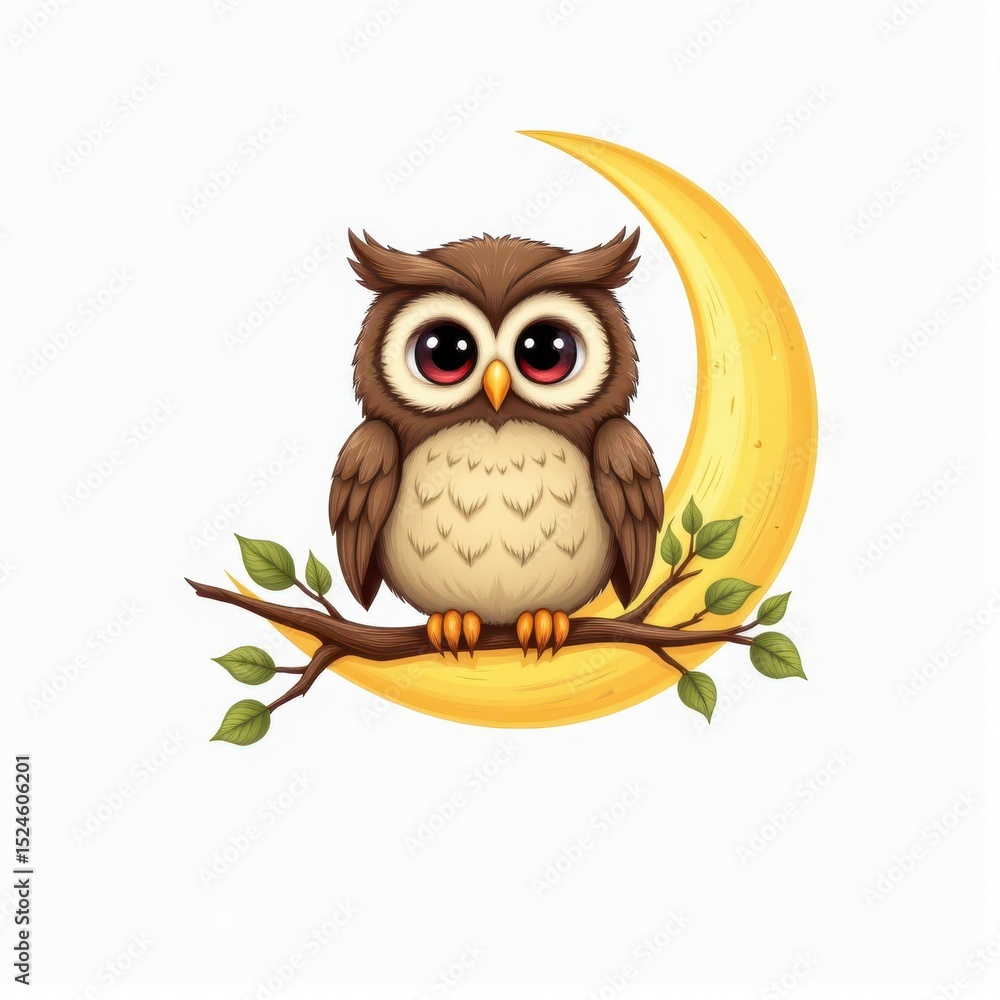Fototapeta premium Adorable baby owl perched on a crescent moon branch a whimsical illustration perfect for children's books and cards
