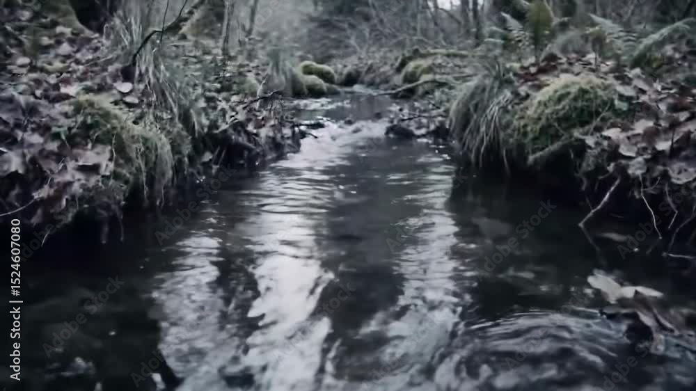Tranquil woodland stream flowing through forest floor serene natural scene Tranquil woodland stream flowing through forest floor serene natural scene