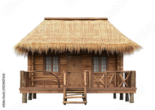 Rustic wooden cabin with thatched roof