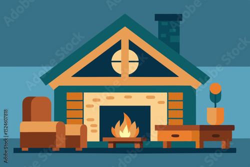 Cozy Cabin Fireplace Winter Wonderland Home Interior Design Illustration