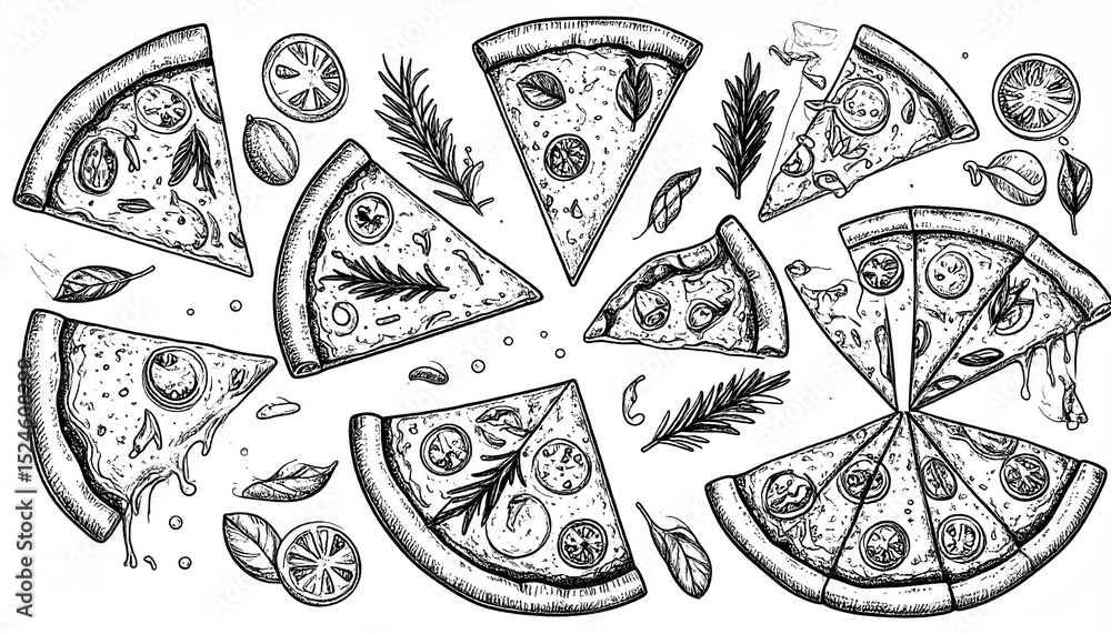 Fototapeta premium Ink-drawn pizza slices, herbs, and tomato slices arranged artfully in a circular pattern against a white background, showcasing detailed textures and a variety of toppings