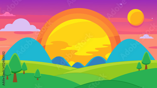 Vibrant sunset landscape illustration, clean cutout, transparent background