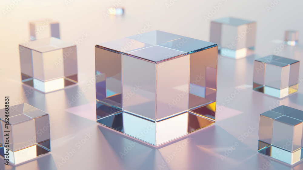 Obraz premium Transparent Glass Cubes with Iridescent Reflection on Soft Gradient Background 