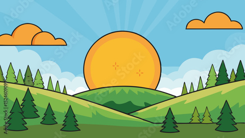 Serene sunrise landscape illustration, clean cutout, transparent background