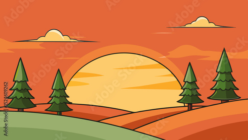Sunset landscape with pine trees, clean cutout image photo