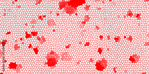 Abstract red and white graphic illustration featuring mosaic shapes resembling blood cells or cellular structures on a light background