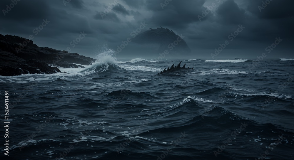 Obraz premium Ocean with large Wave and Spikes in Dark Stormy Weather