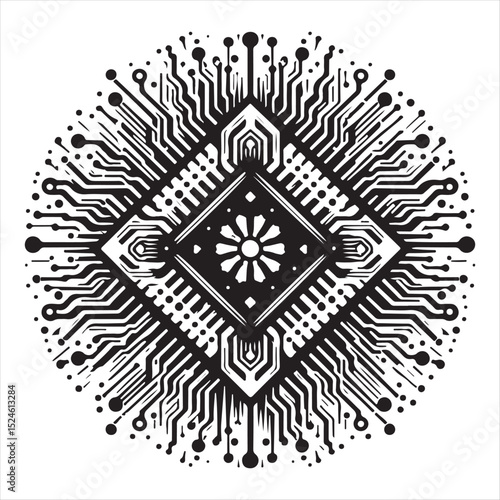 Abstract Geometric Mandala Black and White Digital Art Print