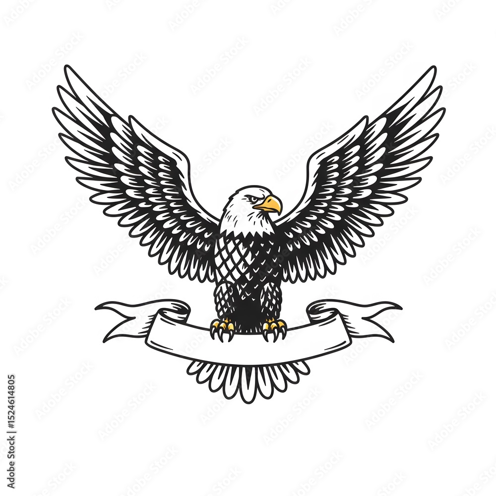 Obraz premium A majestic bald eagle with outstretched wings soars against an American flag illustration, a powerful symbol of wildlife and freedom A dynamic cartoon bald eagle with flowing feathers and a sharp beak