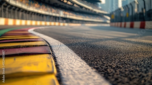 An empty race track corner leads onto the main straight. The vibrant colors of the curbing contrast beautifully with the asphalt, capturing dynamic racing energy.