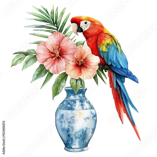 A Parrot Flower In A Vase, watercolor drawing vector, high quality, isolated on a white background.