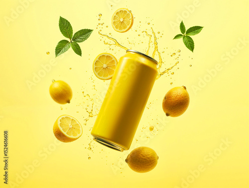 yellow aluminum can without inscriptions hangs in the air against the background of bright juicy ripe lemon and mint flying in the air with splashes of yellow liquid, studio lighting, hyperrealistic