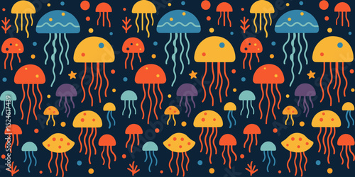 Colorful jellyfish pattern on a dark background, featuring various colors and shapes.