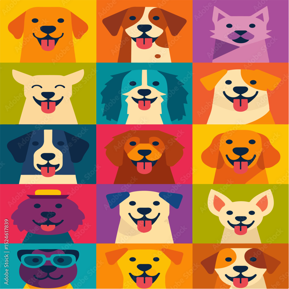 Fototapeta premium Colorful graphic design featuring various dog portraits in a grid pattern.