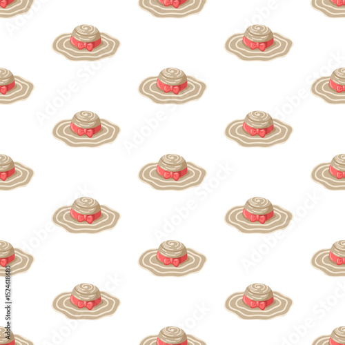 Seamless summer pattern with straw hat and red bow. Cartoon vector background