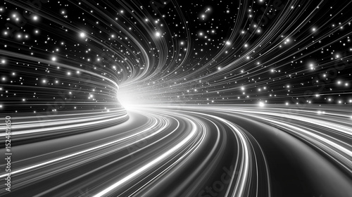 Tunnel of Light: An ethereal black and white image captures a swirling tunnel of light, reminiscent of a journey through the cosmos, symbolizing speed and the vastness of the universe.