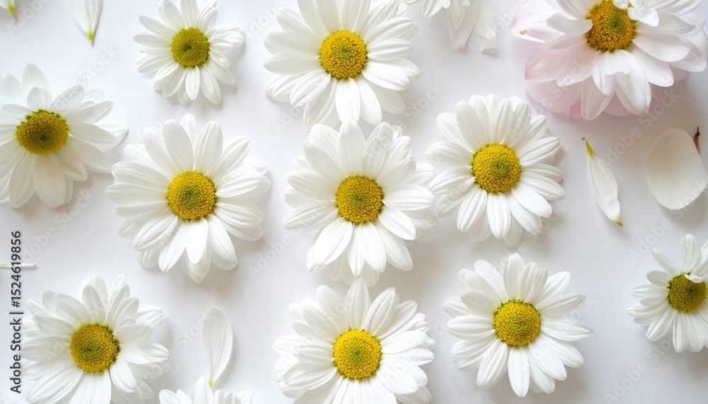Obraz premium Fresh White Floral Arrangement, Flatlay of daisies and magnolias arranged