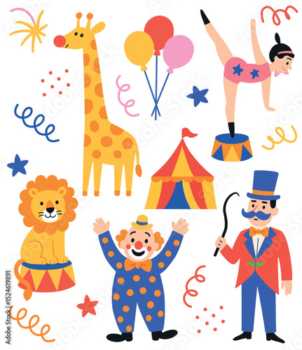 Set of circus characters with wild animals, ballons and clowns, show artist