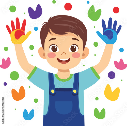 Minimalist vector of a child smiling while holding up colorful paint-covered hands. White background, playful paint dots, soft vector style