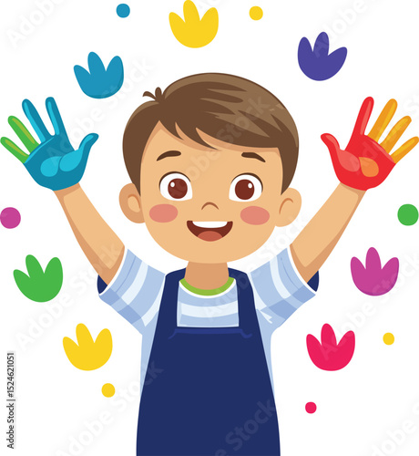 Minimalist vector of a child smiling while holding up colorful paint-covered hands. White background, playful paint dots, soft vector style