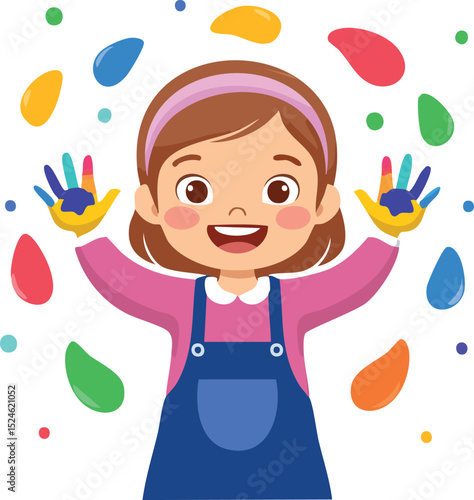 Minimalist vector of a child smiling while holding up colorful paint-covered hands. White background, playful paint dots, soft vector style