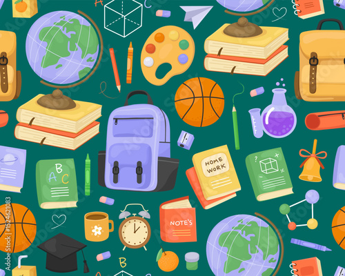 Seamless pattern, school supplies on dark green background. Globe, backpack, book, watch, notebook, pencil, bell, palette. Cute childish ornament for fabric, paper, print.