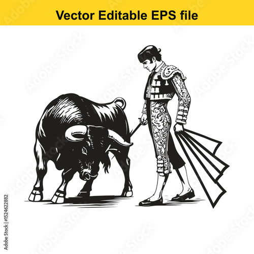 Matador and Bull Vector Art | Dramatic Spanish Bullfighting Scene | Cultural Tradition Illustration