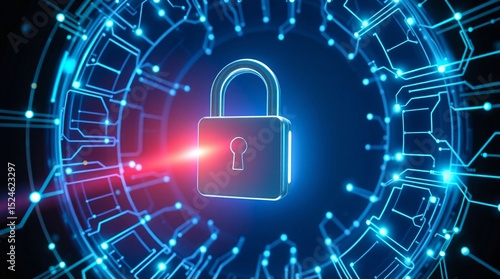 Tech padlock inside a glowing 3D circuit sphere made of floating microchip-like lines and nodes, abstract digital environment with soft electric energy flows, central glowing lock, floating midair.