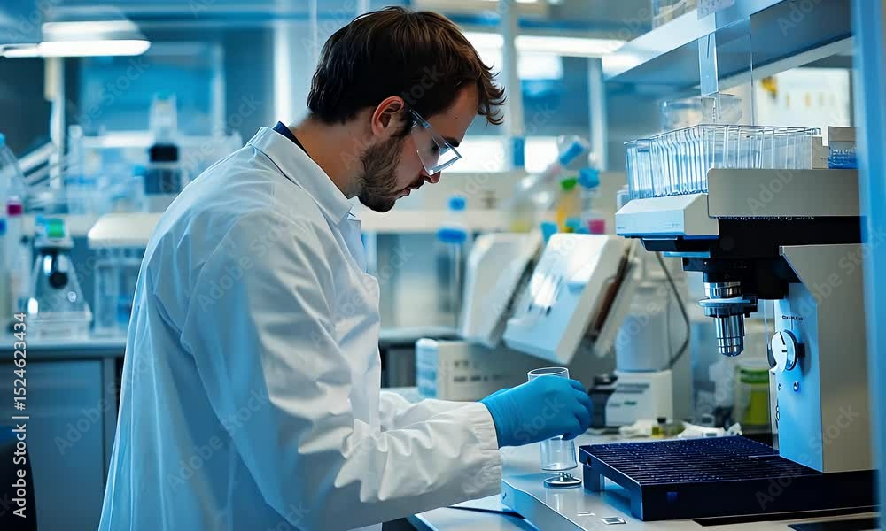 Male Scientist in White Coat Working in Bright Laboratory with Scientific Equipment Blue Accents and Glassware Male Scientist in White Coat Working in Bright Laboratory with Scientific Equipment Blue Accents and Glassware