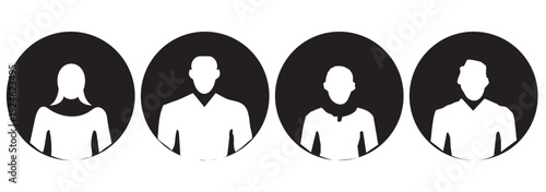 Avatars of a man and a woman. Silhouettes male and female. Profile picture, portrait symbol. User member. Circle button with avatar photo silhouette vector design and illustration