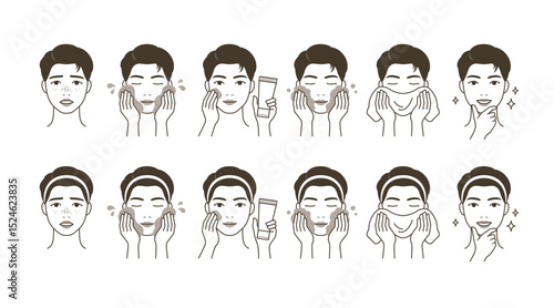 Attractive man character who washes his face. Male portrait cleansing face.