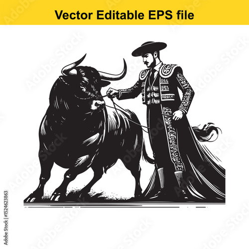Matador and Bull Vector Art | Dramatic Spanish Bullfighting Scene | Cultural Tradition Illustration