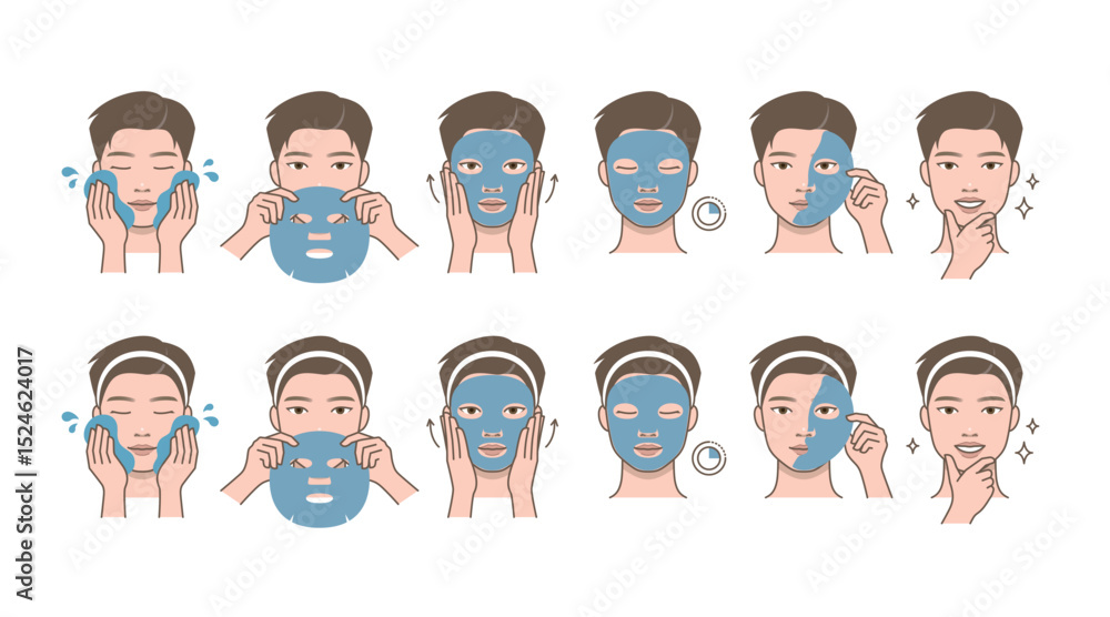 Fototapeta premium Cosmetic skin care routine_Attractive man using face pack, sheet mask. Male portrait grooming.