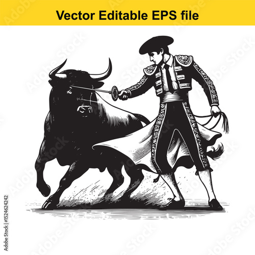 Matador and Bull Vector Art | Dramatic Spanish Bullfighting Scene | Cultural Tradition Illustration
