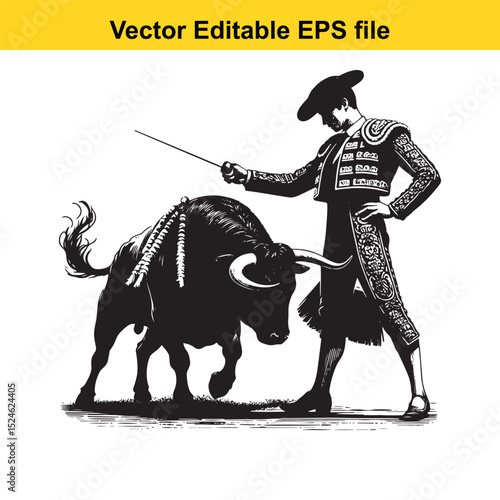 Matador and Bull Vector Art | Dramatic Spanish Bullfighting Scene | Cultural Tradition Illustration