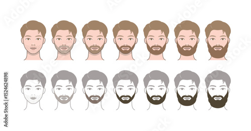 The process of growing a beard. Attractive man character with beard before and after.