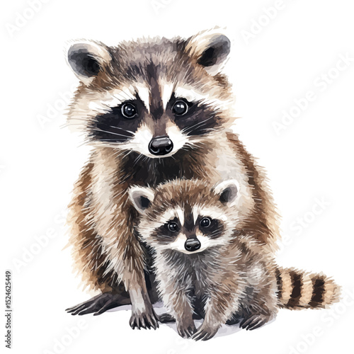 A Mother Raccoon With Her Kid, watercolor drawing vector, high quality, isolated on a white background.