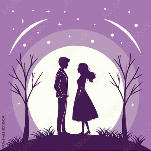 Silhouette of a couple romantically standing under the moonlight