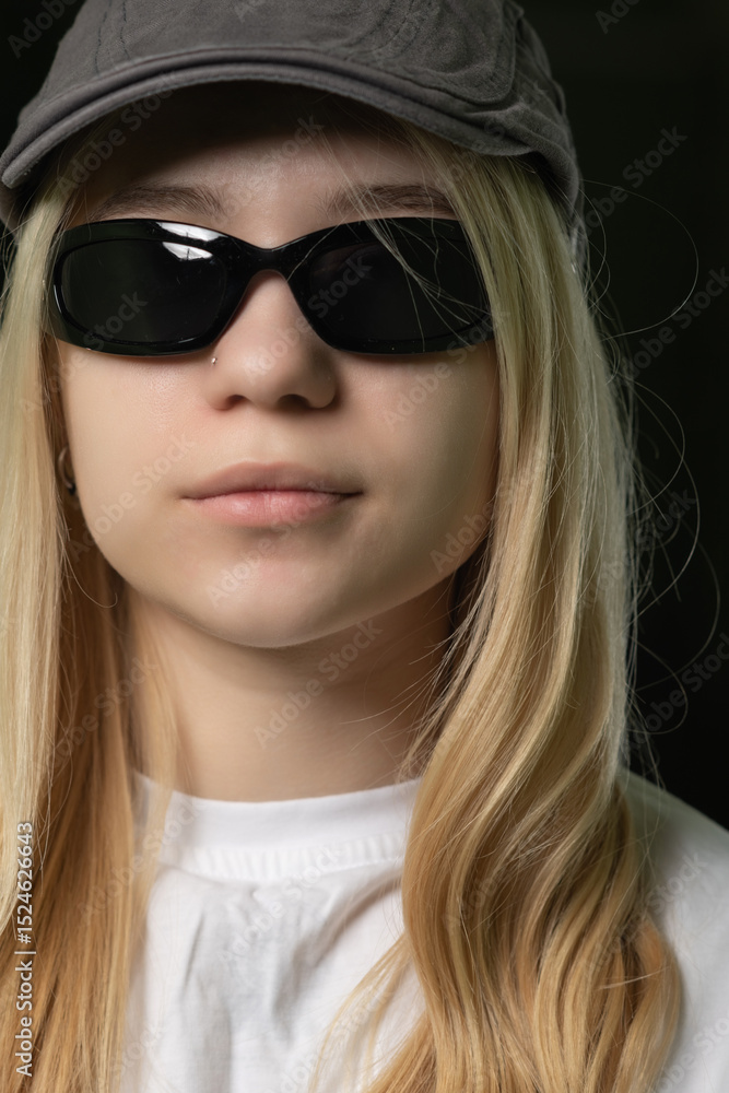 Portrait of a young beautiful blonde girl in a hat in a dark room. Portrait of a young beautiful blonde girl in a hat in a dark room.