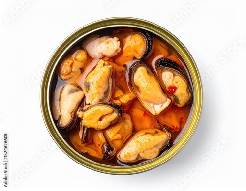 Delicious open tin of fresh seafood with mussels shrimp and fish chunks in tomato broth served in round metal can on white background