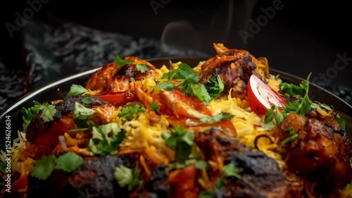 Flavorful chicken biryani rice dish plated with herbs and tomatoes, ready for gourmet dining in an authentic culinary experience