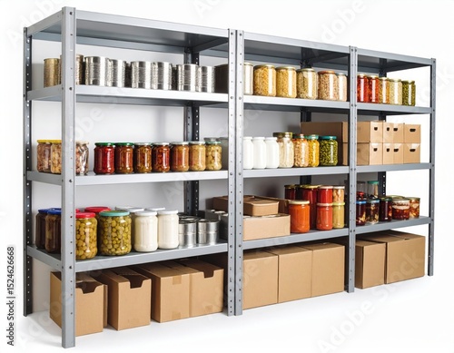Industrial metal shelving unit filled with various jars boxes and packages organizing storage for pantry or warehouse with durable framework for heavy items