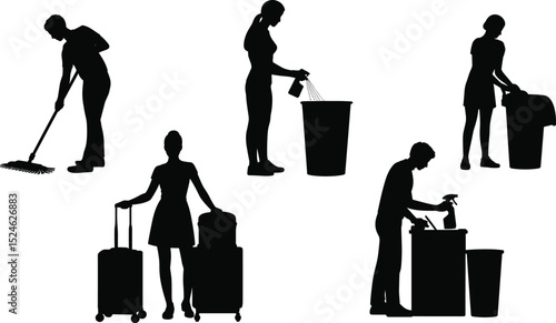 Silhouette of people mopping, cleaning, spraying disinfectant, taking out trash, carrying luggage, performing daily work tasks, sanitation, travel, hygiene flat vector illustration