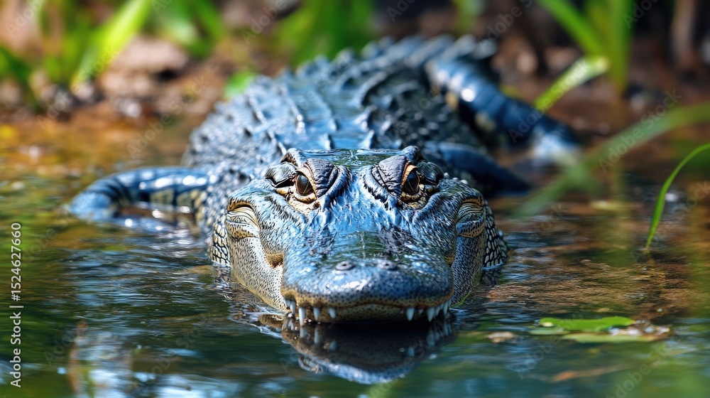 Fototapeta premium Alligator lurking, submerged in water, staring intently, ready to pounce