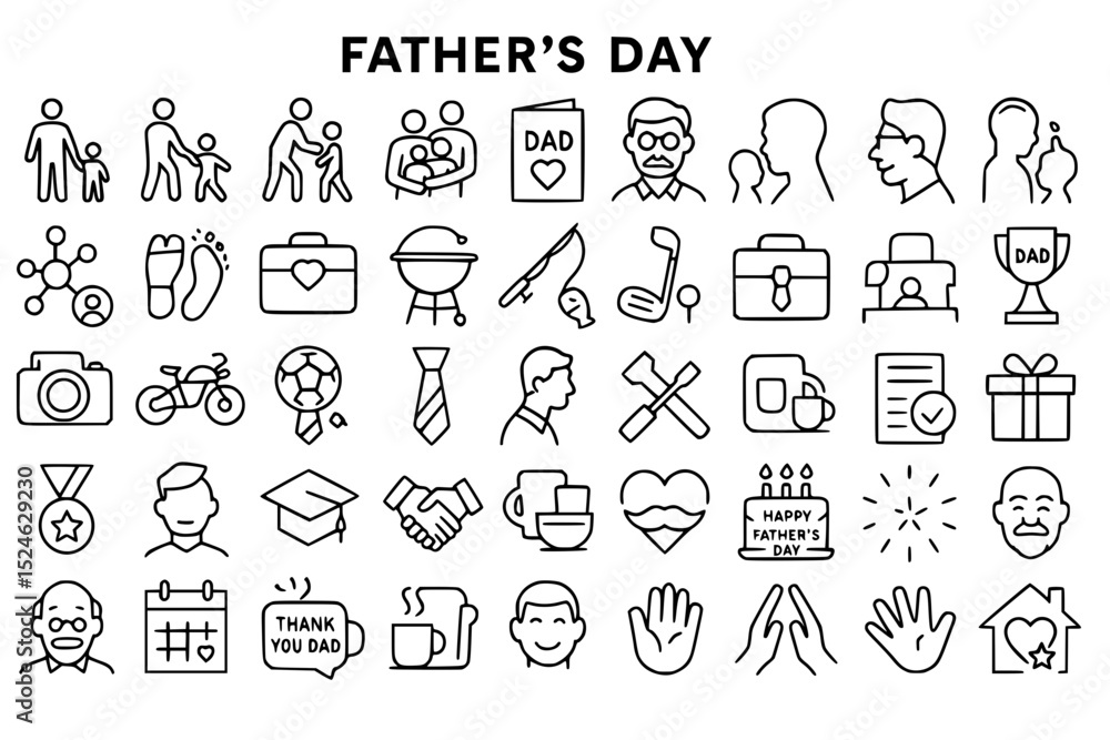 Obraz premium Father's Day Icons Set: Dad, Family, Love, Hug, Father and Child, Card, Portrait, Tie, BBQ, Fishing, Golf, Briefcase, Trophy, Camera, Bicycle, Soccer, Tools, Coffee, Handshake, Graduation, Medal, Gift